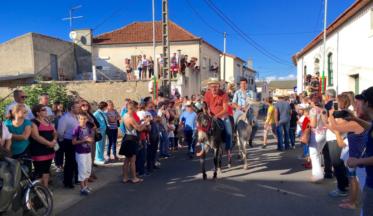 De deelnemers aan de ezelrace rijden op en neer door de hoofdstraat